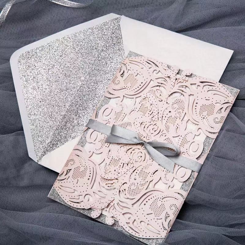 High End Light Pink Laser Cut Wedding Cards For Family And Friends